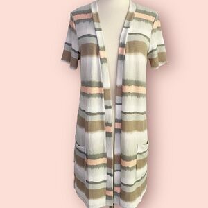 Perfect Peach Open Front French Terry Long Cardigan Women’s S Neutral Stripe